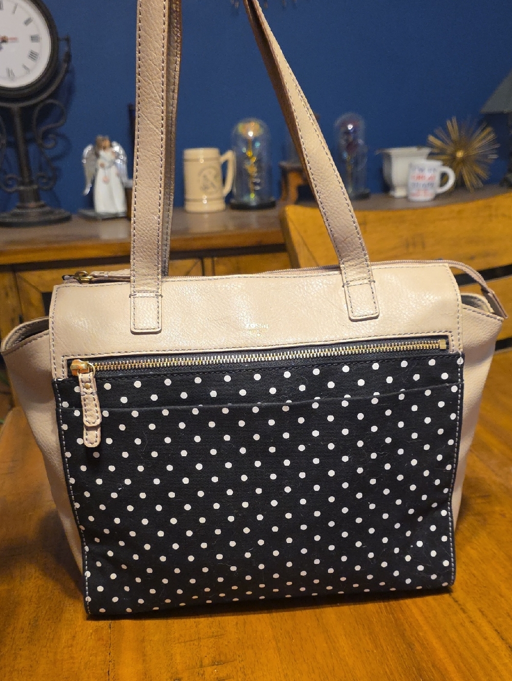 Fossil Beige Shoulder Bag with Black Polka Dot Front Pocket